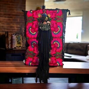 Boho REAL Leather Yoga Bag Hmong Pattern “One of a Kind” Bohemian Pom Pom bag💐